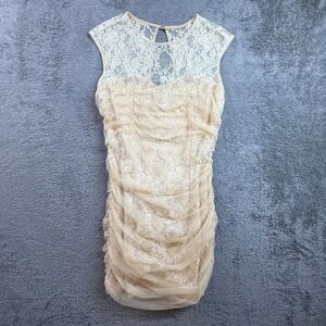 En Creme S Small Cream Lace Bodycon Mini Dress Cap Sleeve Ruched Formal Party